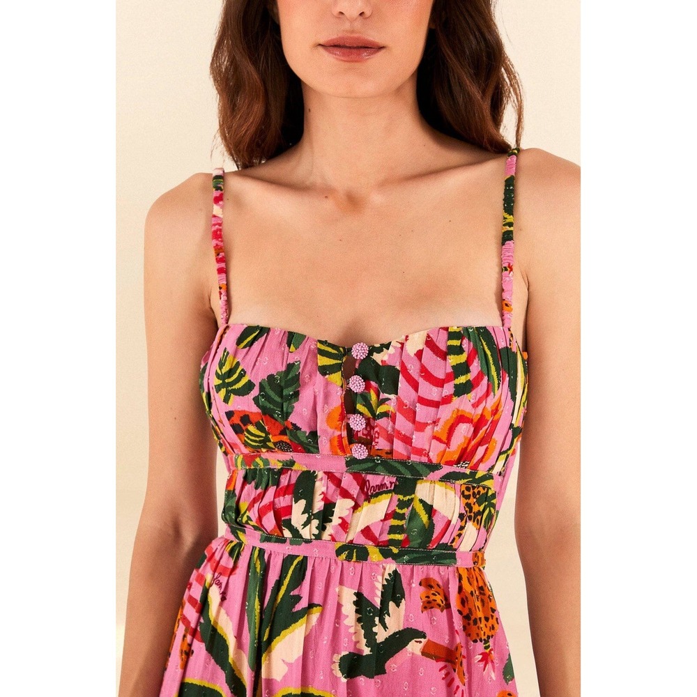 FARM RIO Pink Leopard Forest Midi Dress 100% Cotton Pink Tropical Backless S - Picture 3 of 16